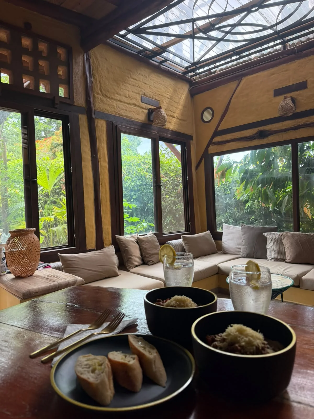 A meal on the table inside Casa Canela